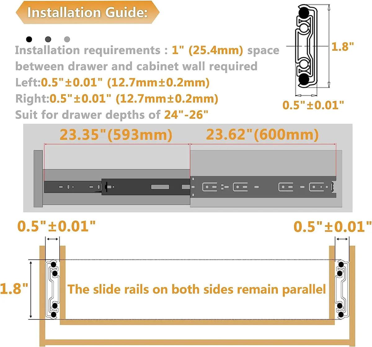 YM Cabinets Drawer Runners Soft Close Drawer Slides Rails 45mm Width Full Extension Ball Bearing High Load Capacity 100LB - YM HARDWARES CO., LTD